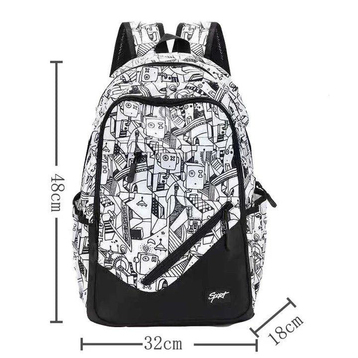 Black and white abstract patterned sport backpack with multiple zippers, size 48x32x18 cm