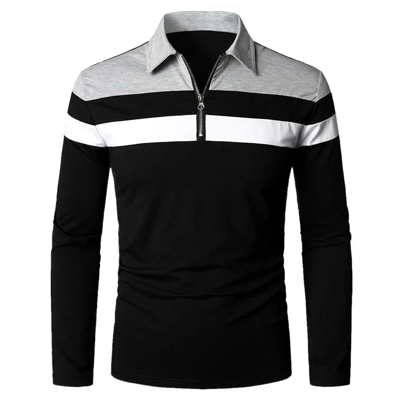 Men's long sleeve polo shirt with black, white, and gray color block and front zipper