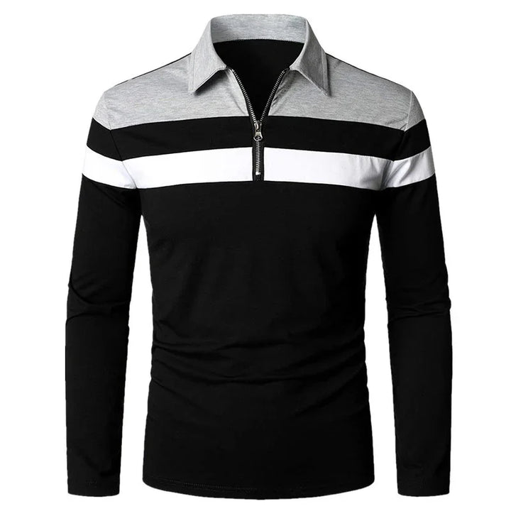 Men's long sleeve polo shirt with black, white, and gray color block and front zipper