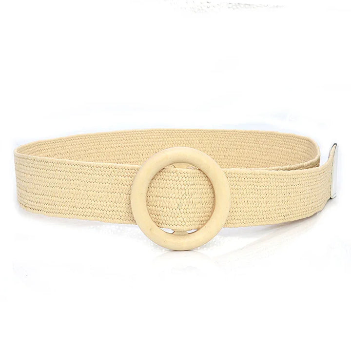 Beige woven belt with large round wooden buckle on white background