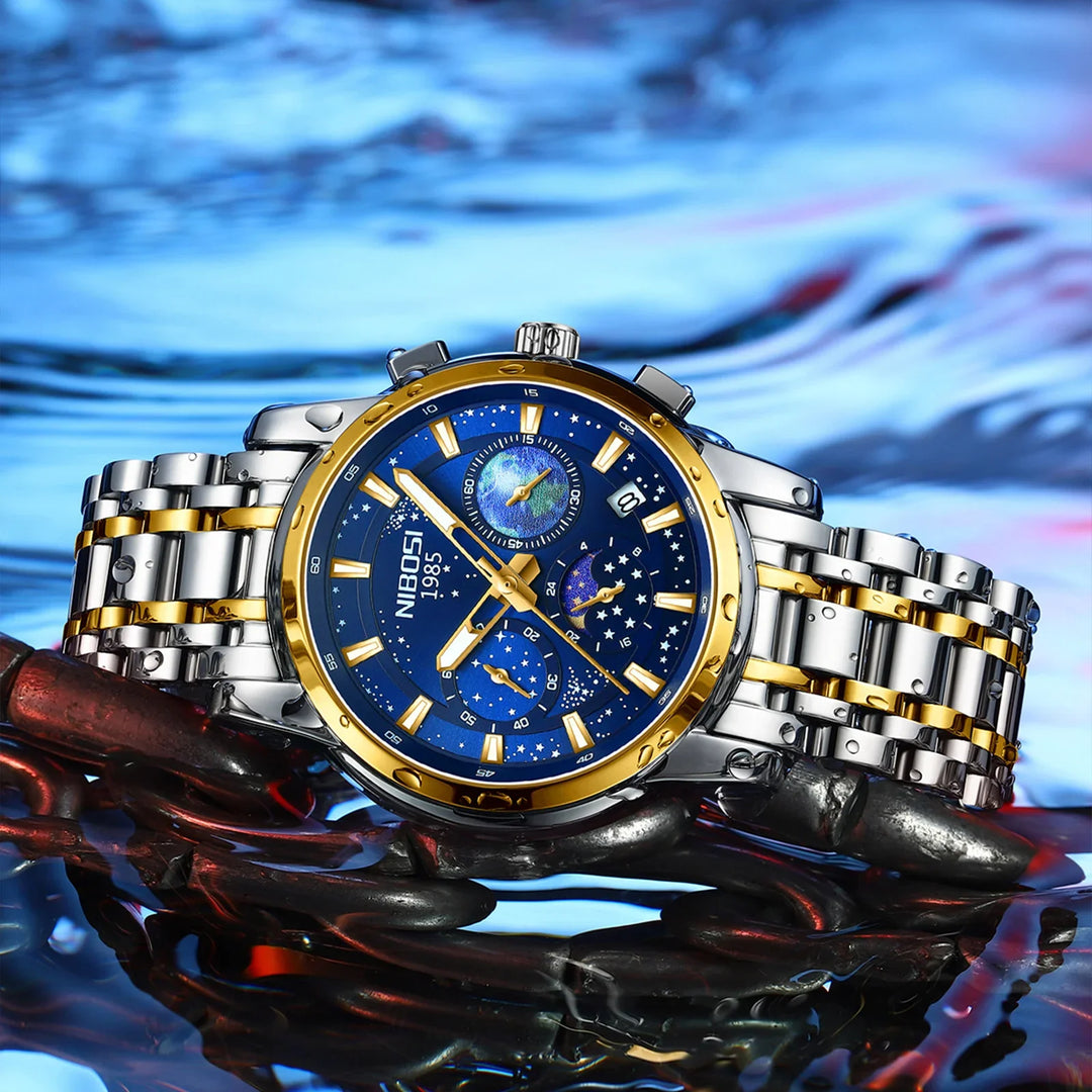 NIBOSI 1985 luxury men's wristwatch with blue dial, gold accents, stainless steel bracelet on water surface