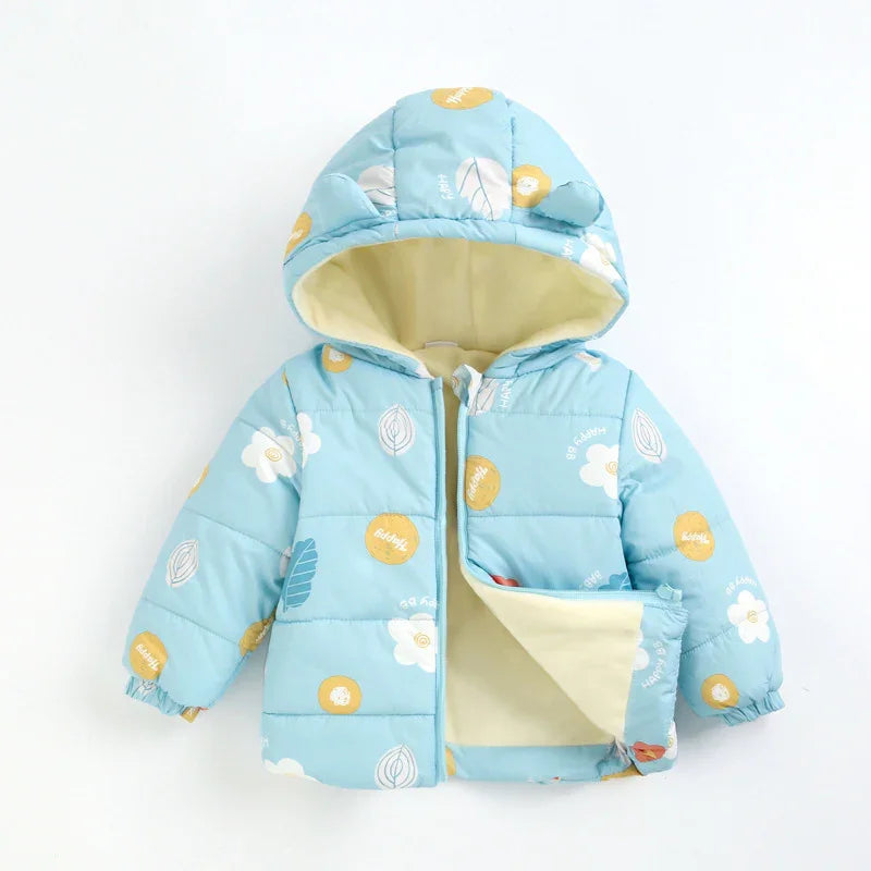 Light blue toddler puffer jacket with hood, floral and pattern prints, and soft beige lining