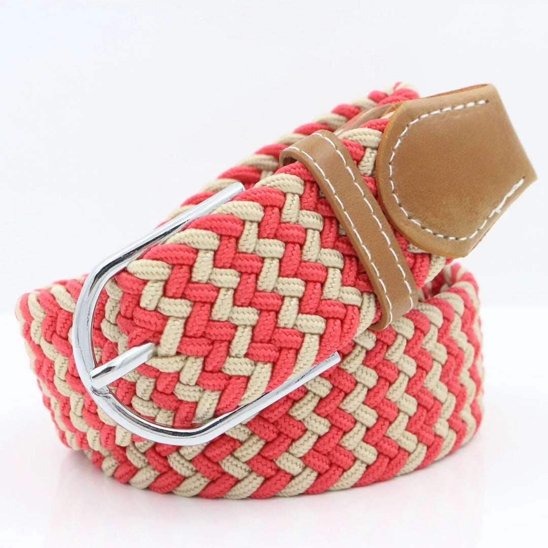 Braided red and beige fabric belt with silver buckle and tan leather accents