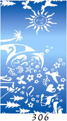 blue and white stencil art featuring sun, palm tree, dolphin, flowers, butterflies, and hearts