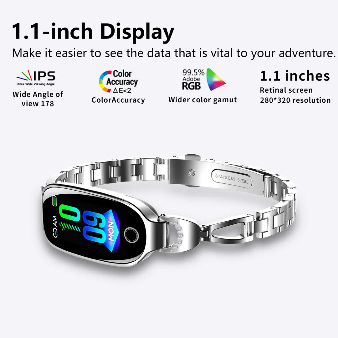 Silver stainless steel smart fitness watch with 1.1-inch IPS color display and 280x320 resolution