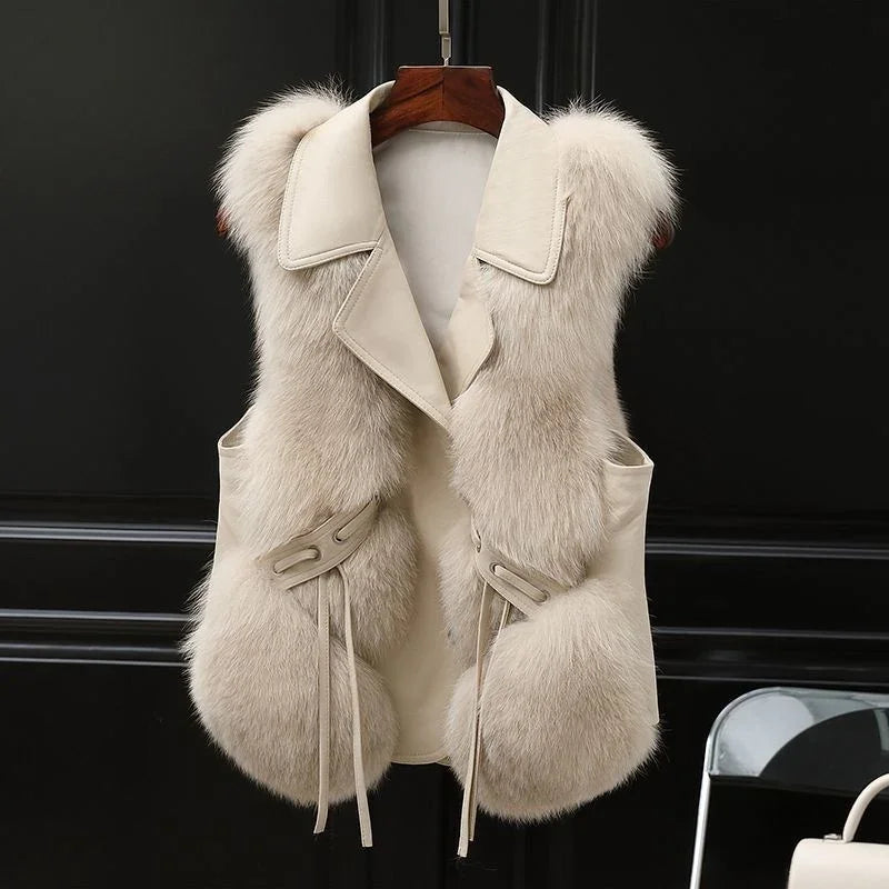 Beige sleeveless fur vest with large lapel collar and decorative ties, hanging on wooden hanger