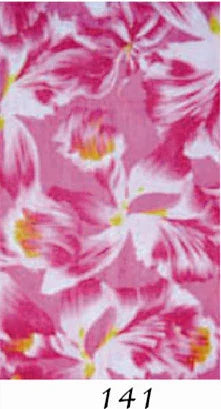 Close-up of pink fabric with white and yellow floral pattern, labeled 141