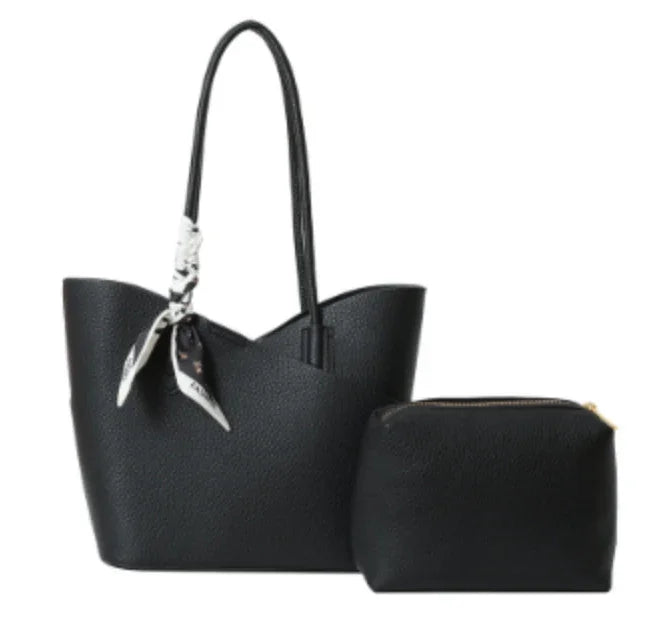 Black leather tote handbag with matching black zippered pouch and decorative scarf