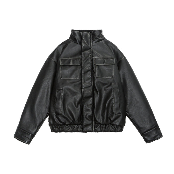 Black faux leather padded jacket with high collar, flap chest pockets, and elastic hem