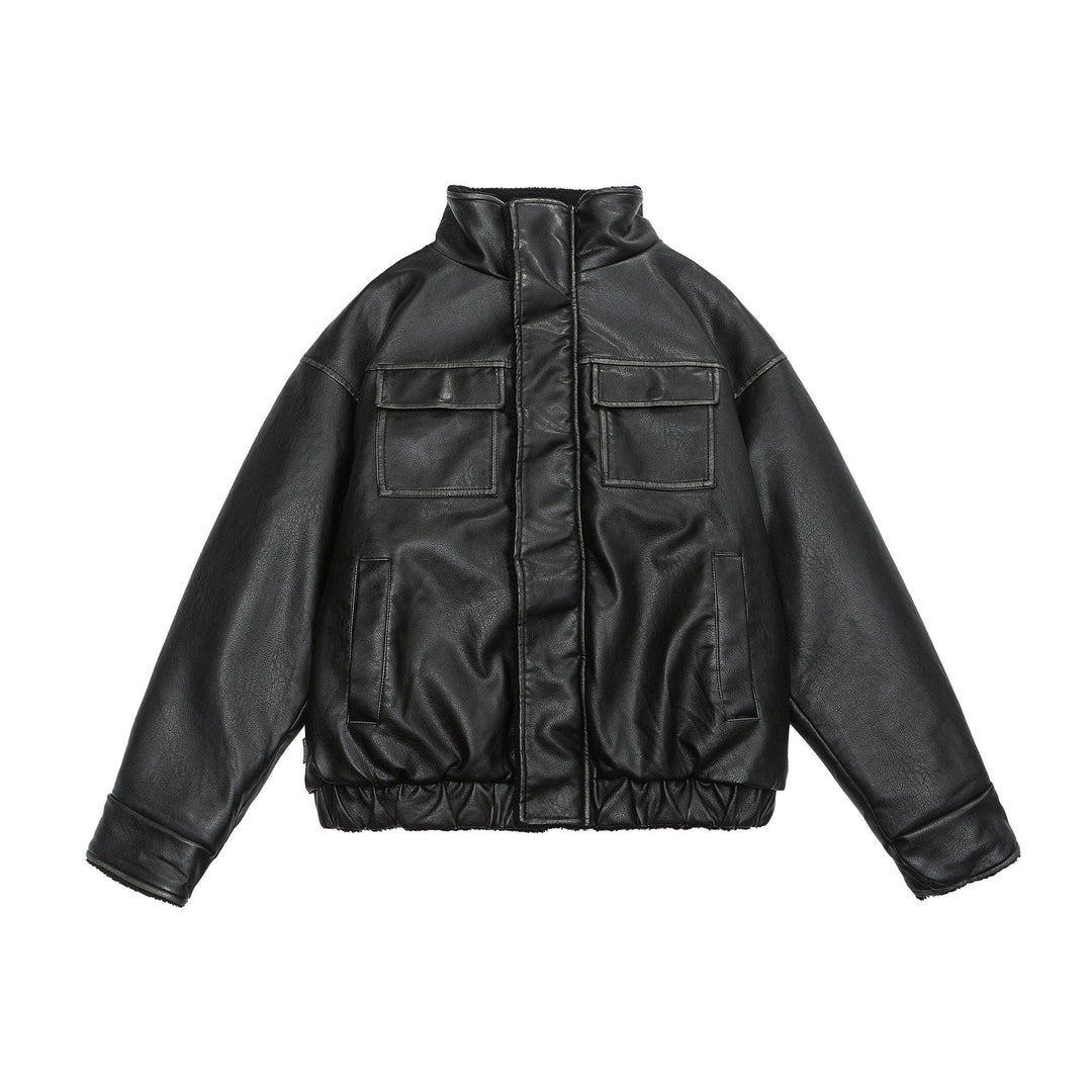 Black faux leather padded jacket with high collar and flap pockets on white background