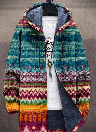 Colorful patterned hooded jacket with fleece lining displayed on a hanger against a gray background