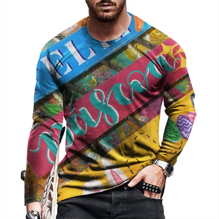 Colorful long-sleeve graphic shirt with bold diagonal text and abstract vibrant patterns