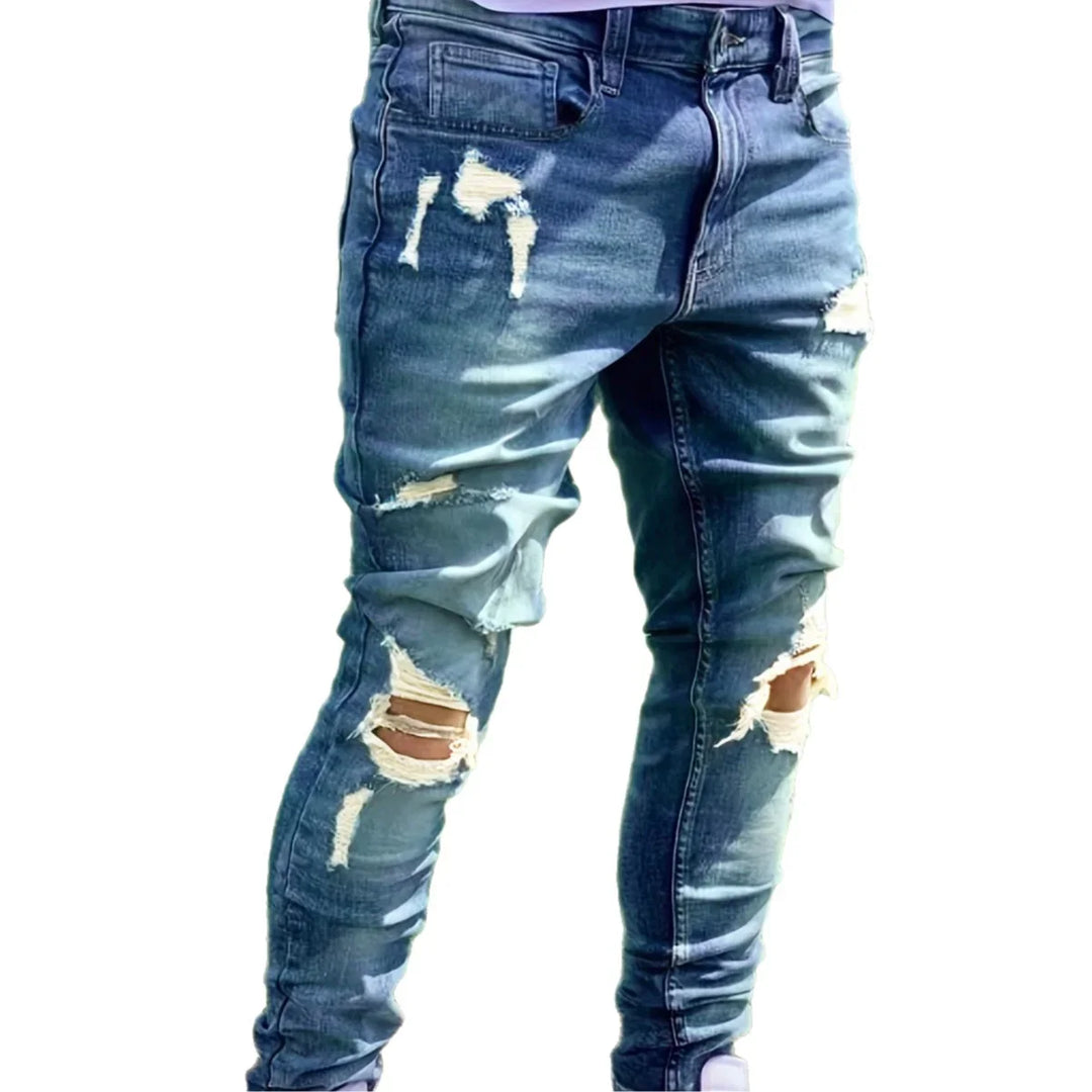 men's distressed skinny blue jeans with ripped detailing on knees and thighs