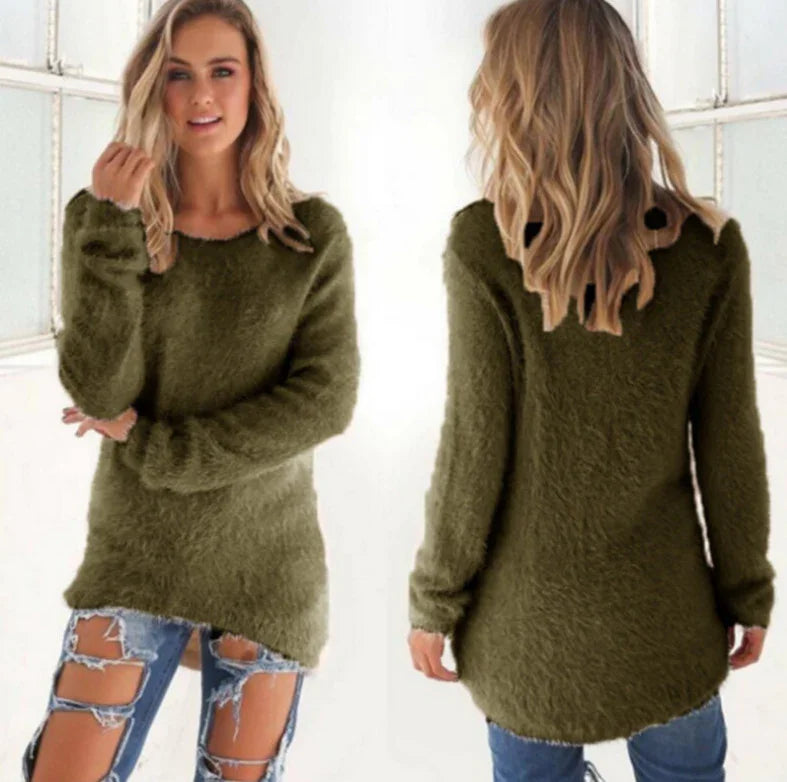Woman wearing olive green fuzzy sweater with long sleeves paired with ripped blue jeans, front and back view