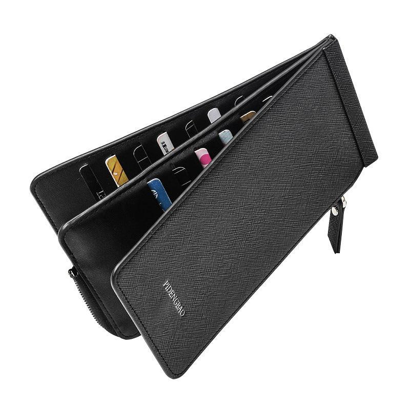 Black textured leather wallet organizer with multiple card slots and zippered compartment