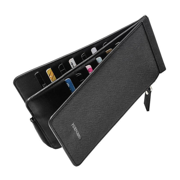 Black textured leather wallet organizer with multiple card slots and zippered compartment