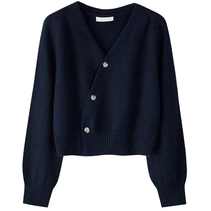 Dark navy blue wool knit cardigan with V-neck and three white buttons on front