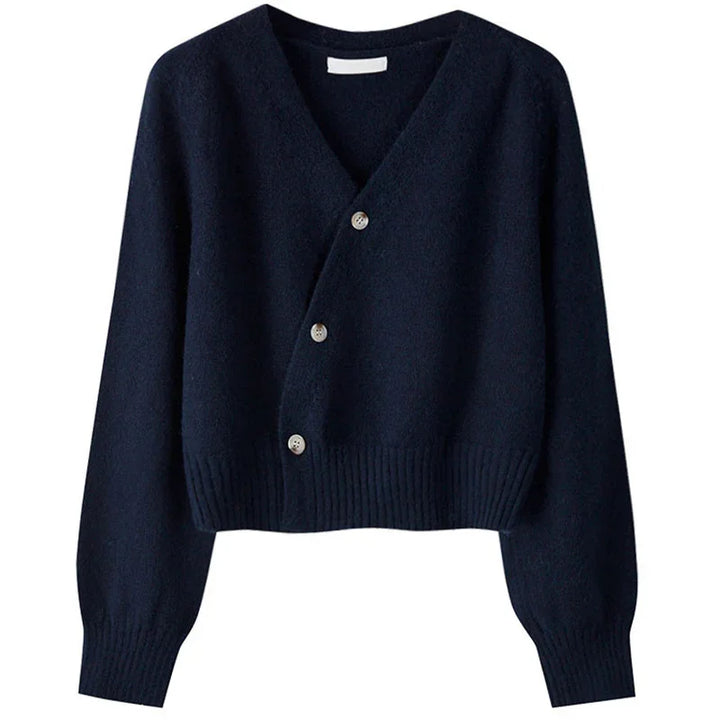 Dark navy blue wool knit cardigan with V-neck and three white buttons on front