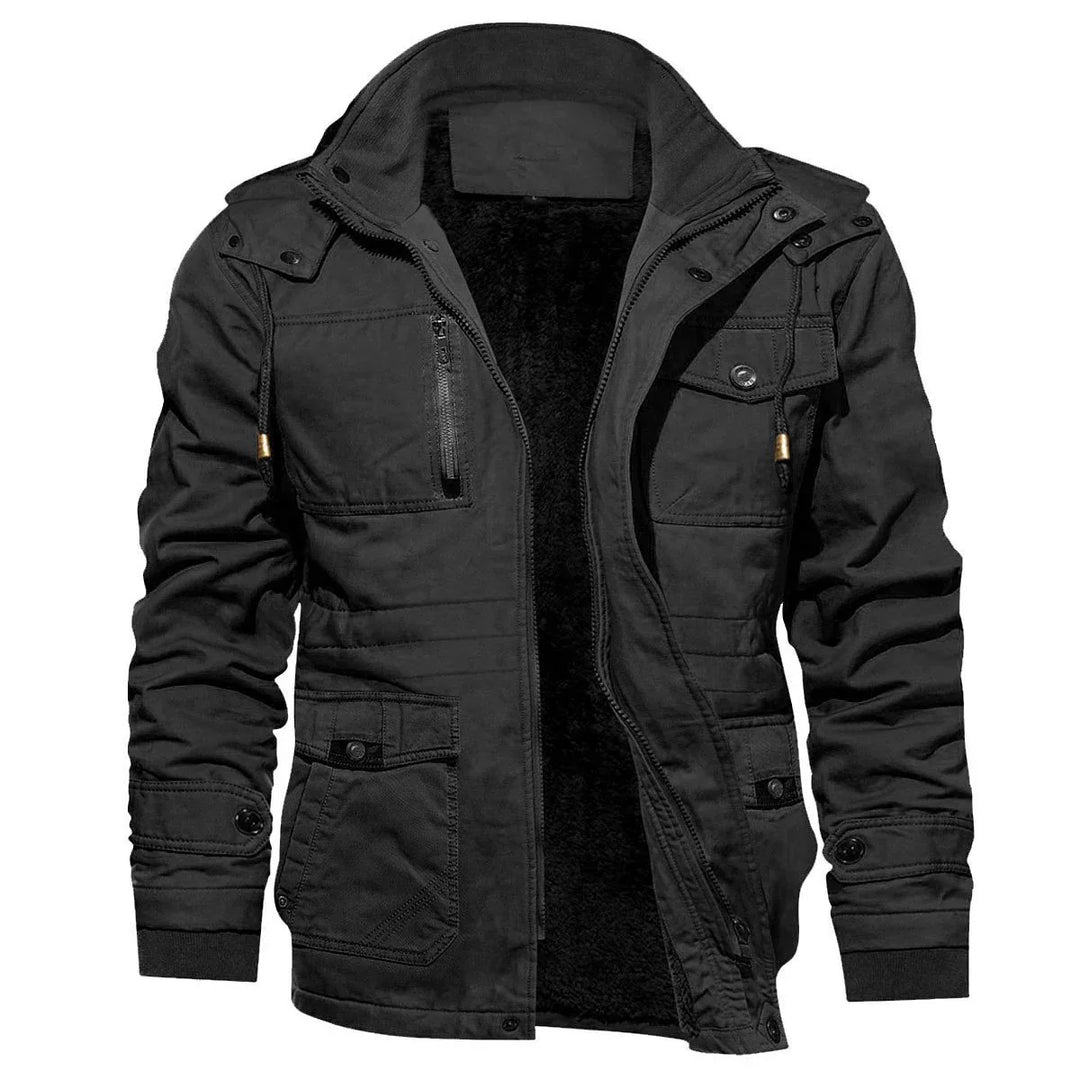 Black men's casual jacket with zipper, buttoned pockets, and fleece lining