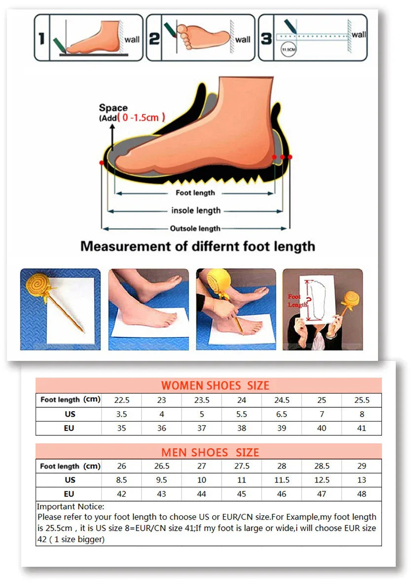 Foot length measurement guide with illustrations and women and men shoe size charts in US and EU sizes