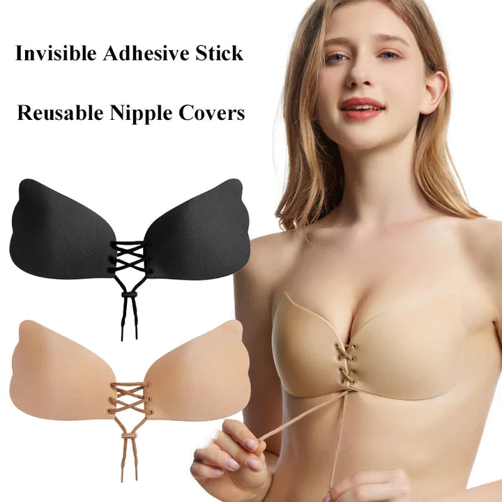 Invisible adhesive stick reusable nipple covers in black and nude, worn by woman adjusting front lace-up design