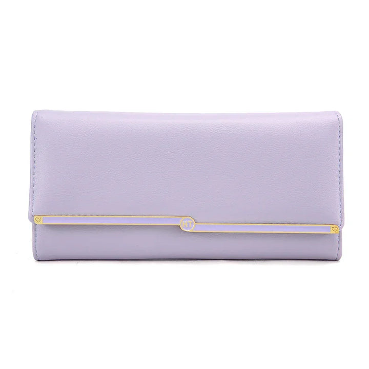 Lavender leather wallet with gold decorative bar and small heart details on white background