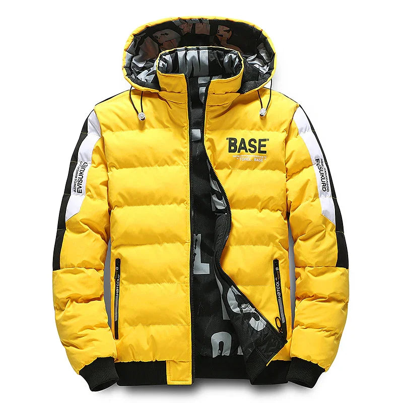 Yellow padded winter jacket with black and white details, hood, front zipper, and BASE logo
