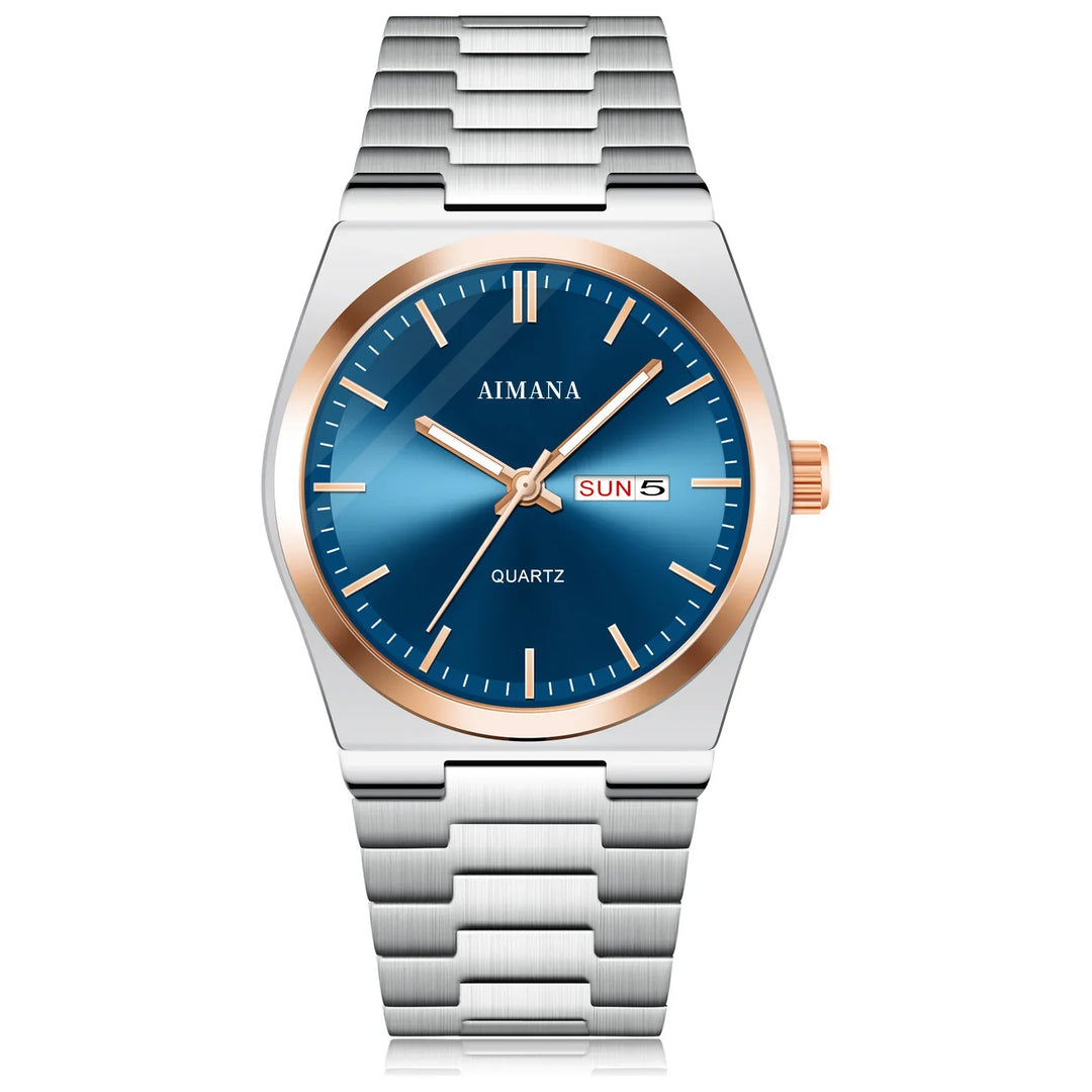 Elegant AIMANA quartz watch with blue dial, rose gold bezel, day-date display, and silver metal strap