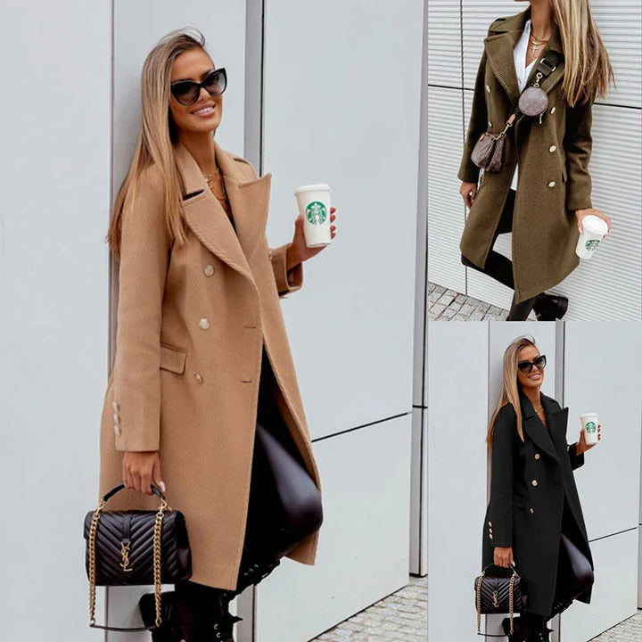 Woman wearing stylish beige, black, and olive double-breasted wool coats, holding Starbucks cup and black handbag