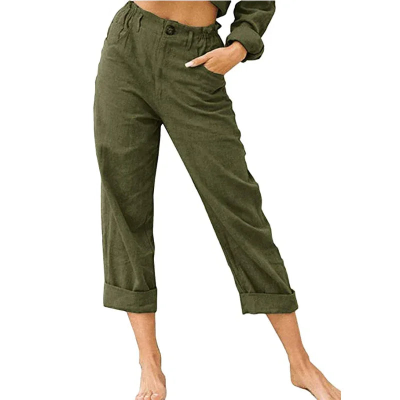 Women's olive green casual cotton pants with rolled cuffs and elastic waistband