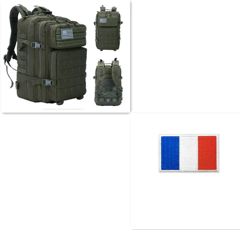 Olive green tactical military backpack with American flag patch and multiple compartments