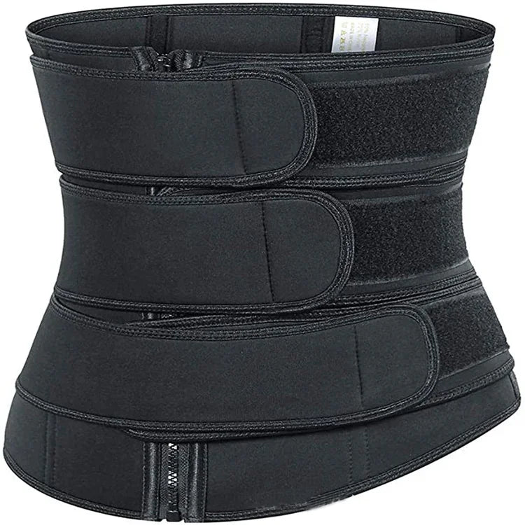 Black waist trainer belt with adjustable Velcro straps and zipper for waist shaping
