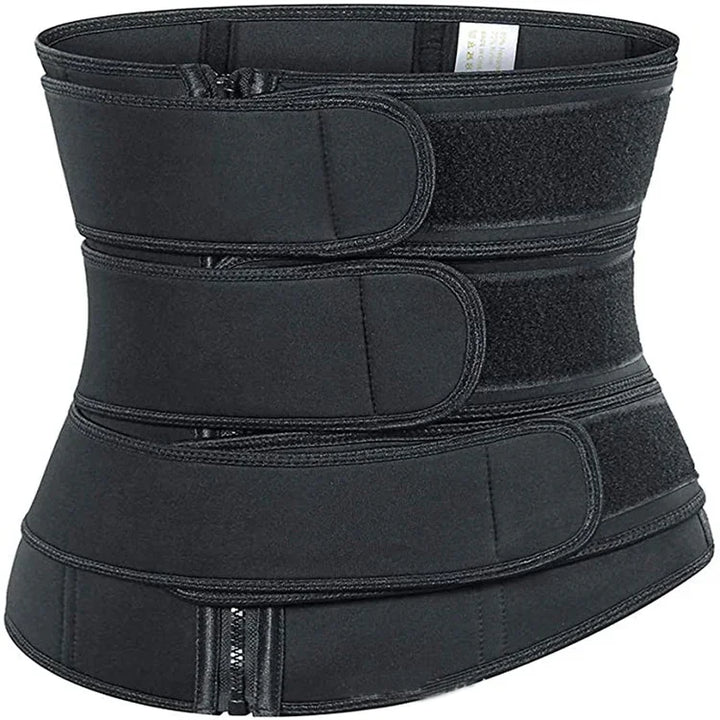 Black waist trainer belt with adjustable Velcro straps and zipper for waist shaping