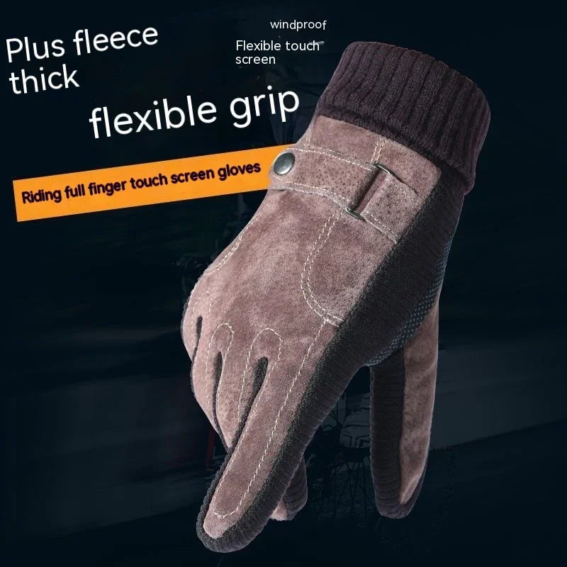 brown plus fleece thick riding full finger windproof gloves with flexible grip and touchscreen compatible