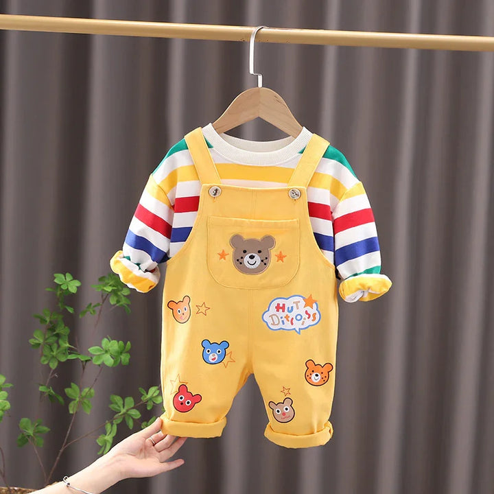 Baby outfit with yellow overalls featuring bear faces and a striped long-sleeve shirt