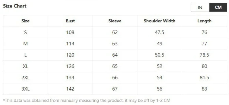 Size chart in centimeters with bust, sleeve, shoulder width, and length dimensions for sizes S to 3XL