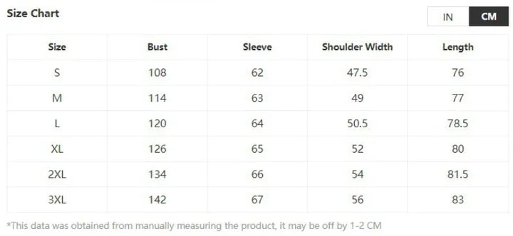Size chart in centimeters with bust, sleeve, shoulder width, and length dimensions for sizes S to 3XL