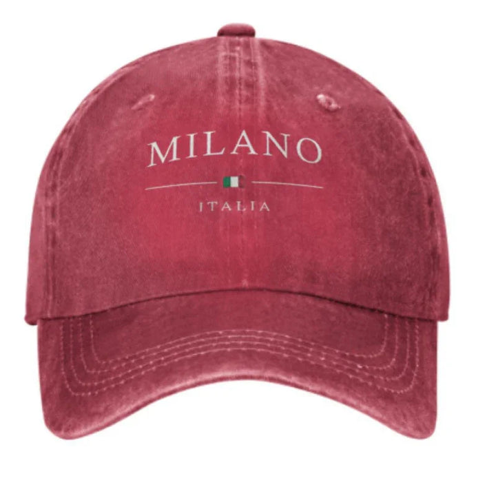 Red vintage baseball cap with Milano Italia text and Italian flag embroidery