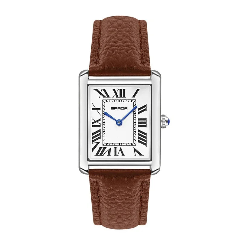 Rectangular silver wristwatch with white dial, blue hands, black Roman numerals, and brown leather strap