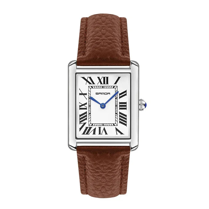 Rectangular silver wristwatch with white dial, blue hands, black Roman numerals, and brown leather strap