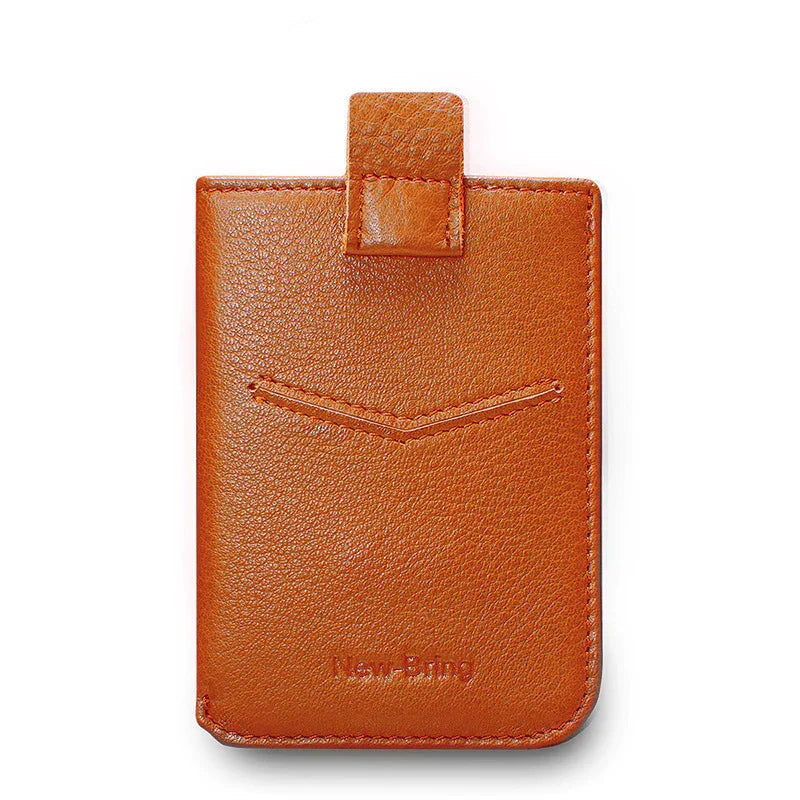 Tan leather card holder wallet with a pull tab and embossed New-Bing logo