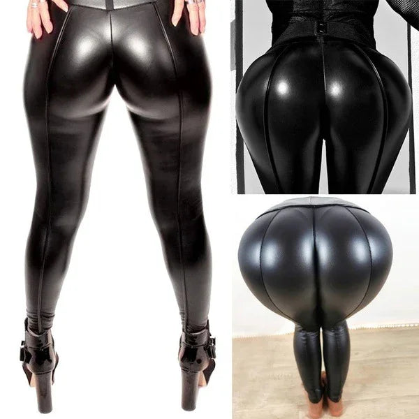 Black shiny faux leather leggings highlighting curve-enhancing design with high heel boots