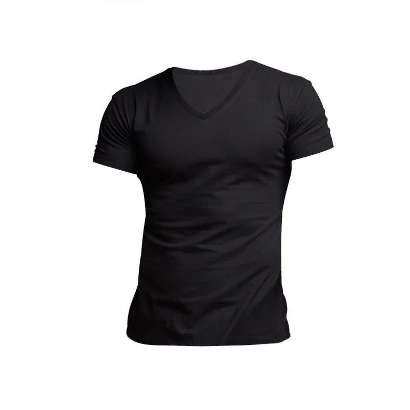 Black short-sleeve V-neck fitted T-shirt on white background