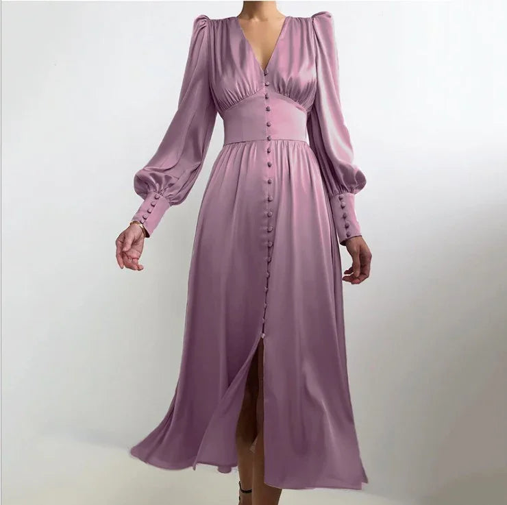 Elegant mauve long-sleeve midi dress with button front, V-neck, and puffed cuffs