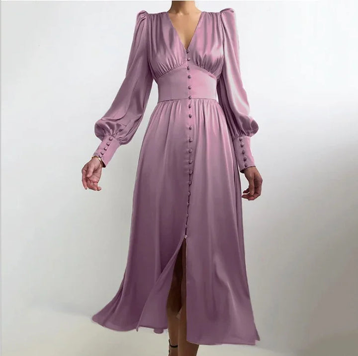 Elegant mauve long-sleeve midi dress with button front, V-neck, and puffed cuffs
