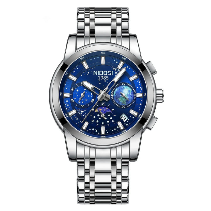 Nibosi 1985 men's silver stainless steel watch with blue starry dial and chronograph subdials