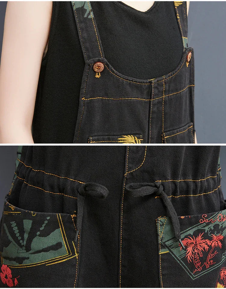 Close-up of black denim overalls with tropical print pockets and contrasting yellow stitching