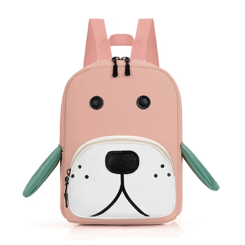 Cute pink kids backpack with dog face design, green ears, and front zipper pocket
