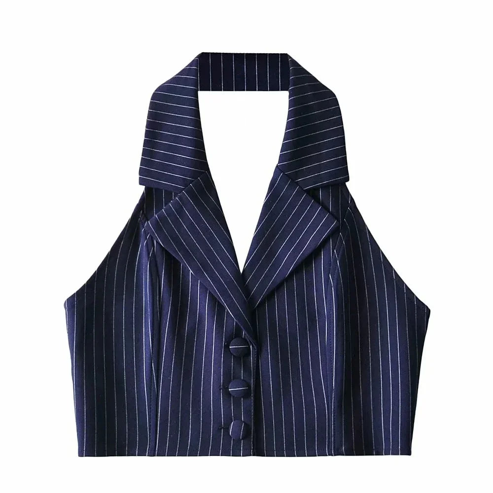 Navy blue pinstripe sleeveless cropped blazer with wide collar and three buttons