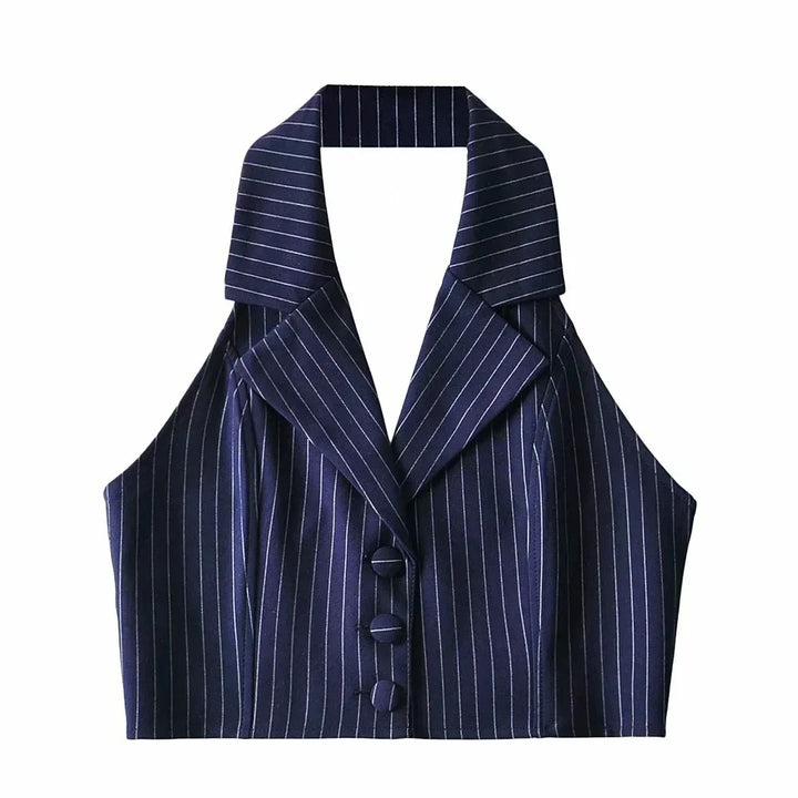 Navy blue pinstripe sleeveless cropped blazer with wide collar and three buttons